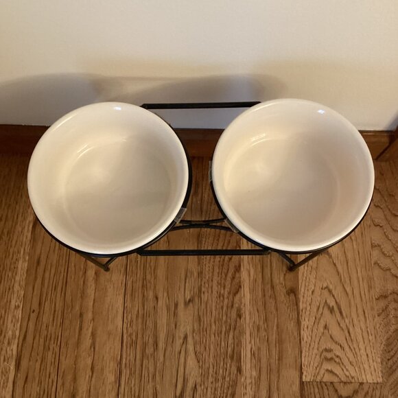 Rae Dunn Eat and Drink Dog Bowls Raised Pet Feeder Ivory Ceramic Dishwasher Safe - Picture 4 of 4